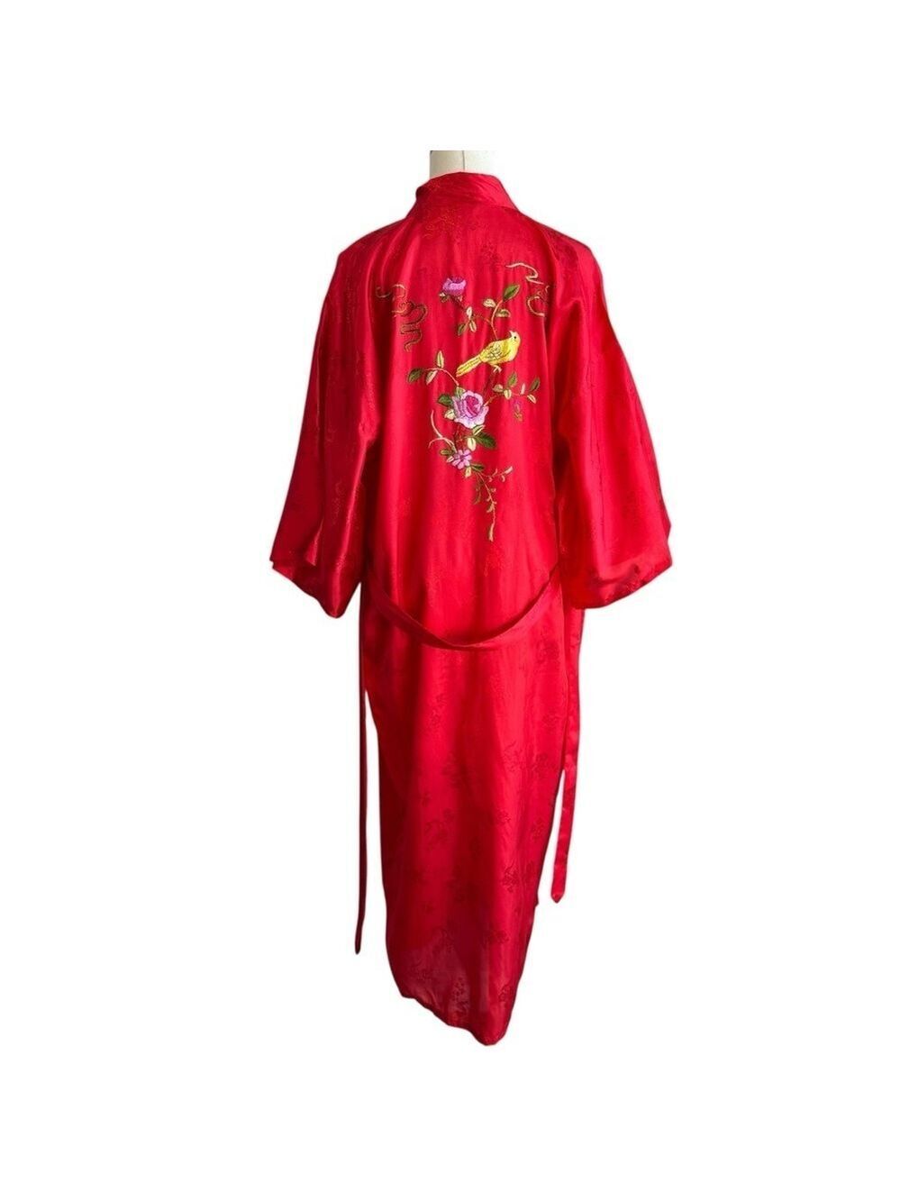 Vintage Golden Bee Embroidered Bird Robe S Red Wide Sleeve Full Length Floral